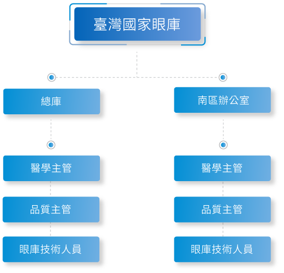 臺灣國家眼庫組織架構圖分為總庫、南區辦公室，下有醫學主管、品質主管、眼庫技術人員